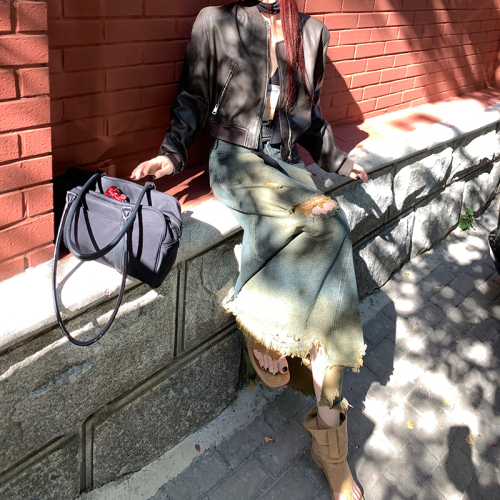 Photographed in  Autumn/Winter Fashion Long Dress, Versatile Style, Desolate Blue Denim Skirt