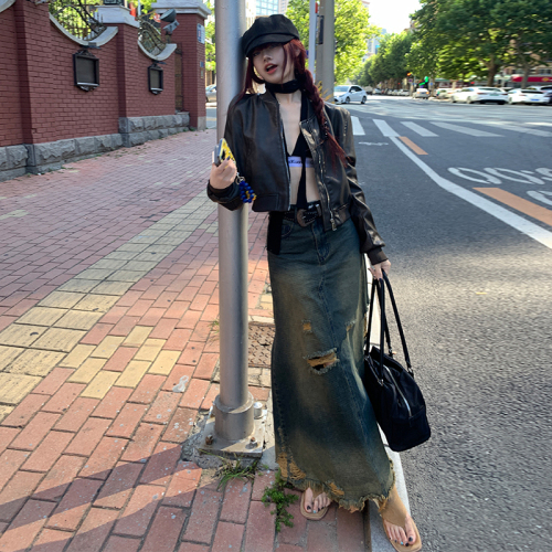 Photographed in  Autumn/Winter Fashion Long Dress, Versatile Style, Desolate Blue Denim Skirt