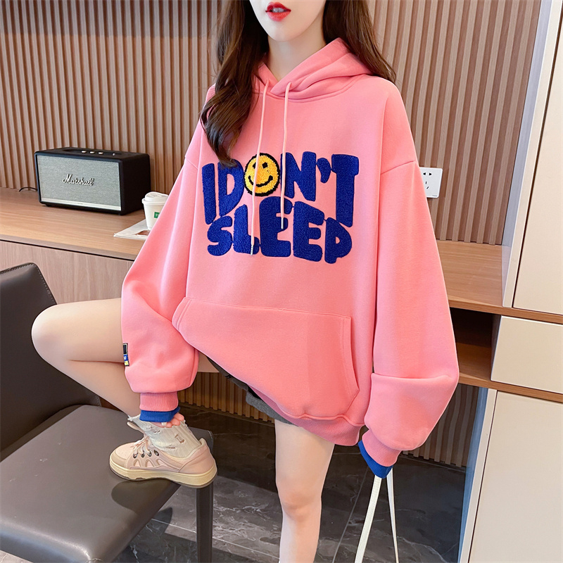 Real shot of pure cotton plus velvet autumn and winter color-blocked sweatshirt for women cartoon embroidered jacket trendy loose hooded top