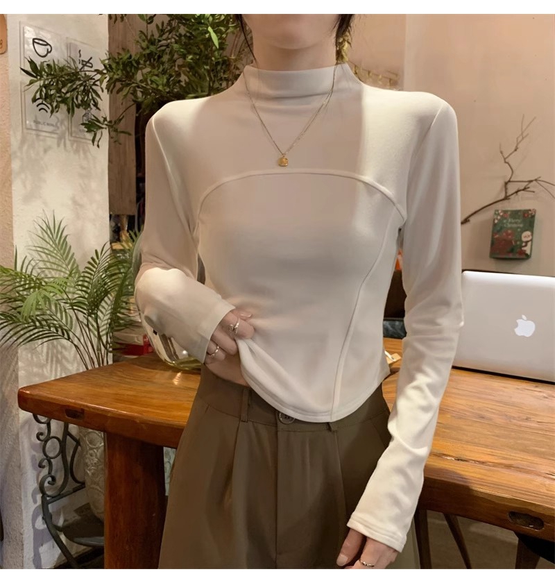 官圖 法式復古簡約風t恤女秋純色半高領設計感修身短款上衣