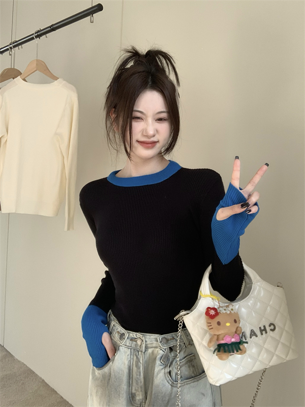 Real shot 2023ins Korean contrasting color long-sleeved finger anti-freeze extended design sweater women's slim bottoming shirt
