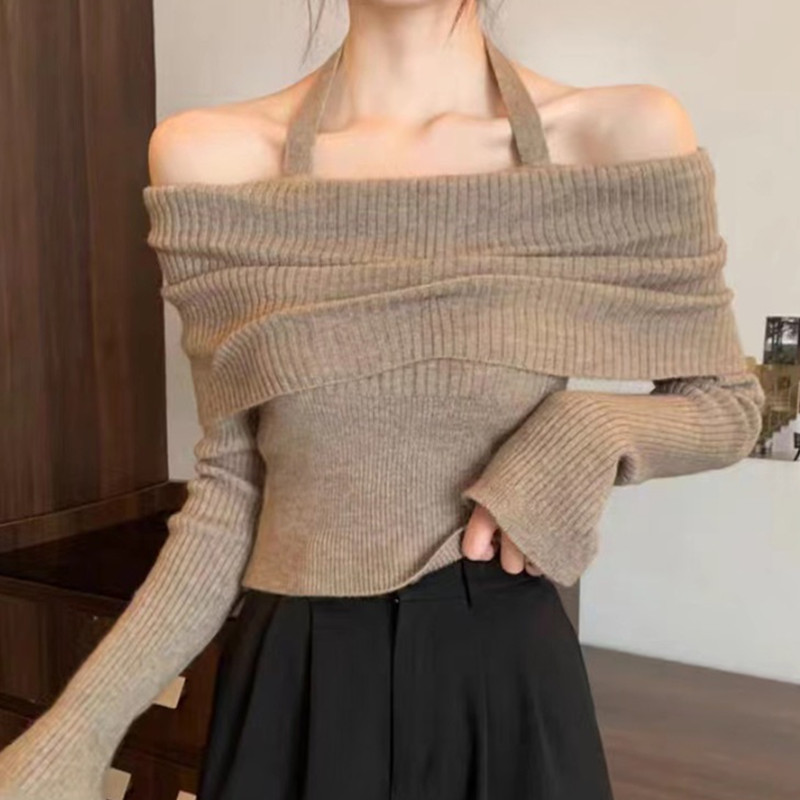Temperament halter neck one-shoulder long-sleeved sweater for women autumn pure lusty style slimming short top