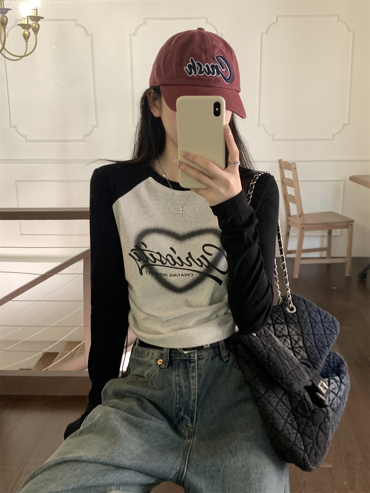 實拍 秋冬韓版插肩撞色印花抽繩顯瘦設計感純棉內搭T恤女上衣