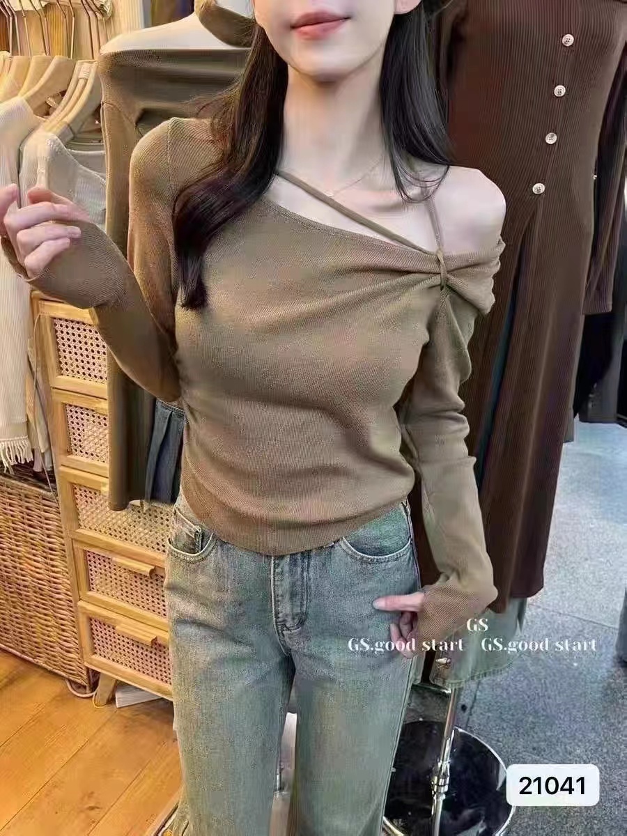 秋季新款韓版小心機方領掛脖綁帶露骨純色顯瘦長袖上衣女