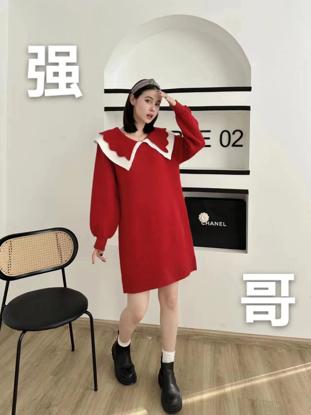 冬裝毛衣連衣裙時尚娃娃領聖誕紅色外出裙子過年打底毛衣裙