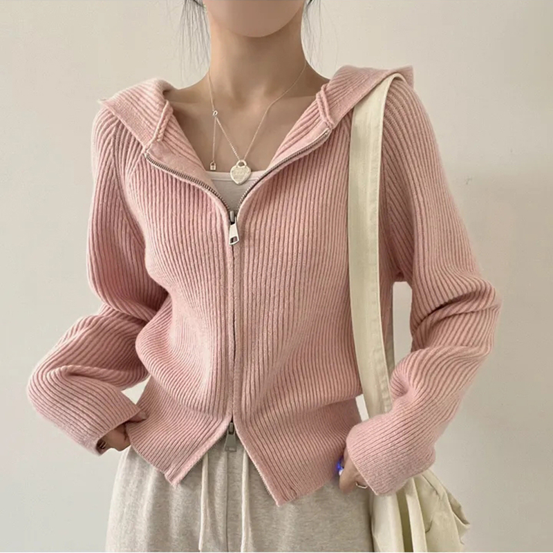 Hooded Knitted Cardigan Women's 2023 Autumn New Loose Slim Design Double Zipper Short Sweater Thick Jacket