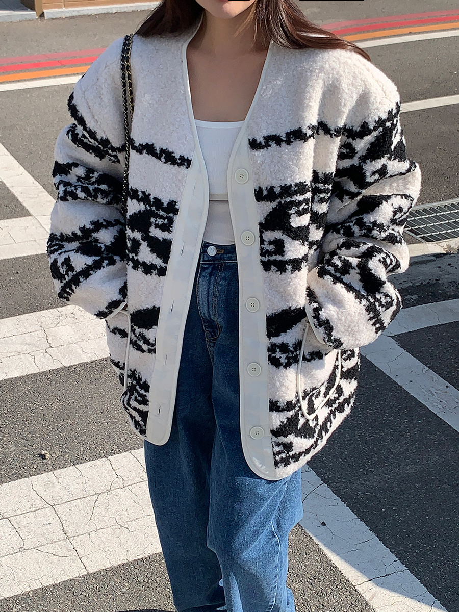 INS Korea Dongdaemun!  New autumn and winter jacquard lamb wool long-sleeved warm cotton clothes, cotton clothespins for women