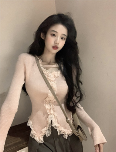 Actual shot~Fine shimmering lace top with ceiling in autumn and winter, square neck long-sleeved knitted bottoming shirt for women