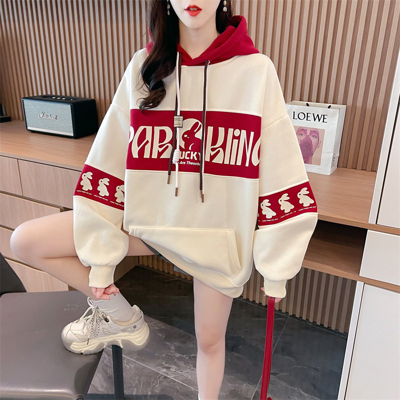 Real shot of 65 Chinese cotton composite plus velvet autumn and winter color matching sweatshirt for women cartoon jacket trendy loose hooded top