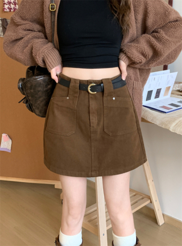 Actual shot ~Retro Hot Girl Coffee Colored Skirt Women's High Waisted Slimming A-Line Anti-Exposed Butt-covering Short Skirt