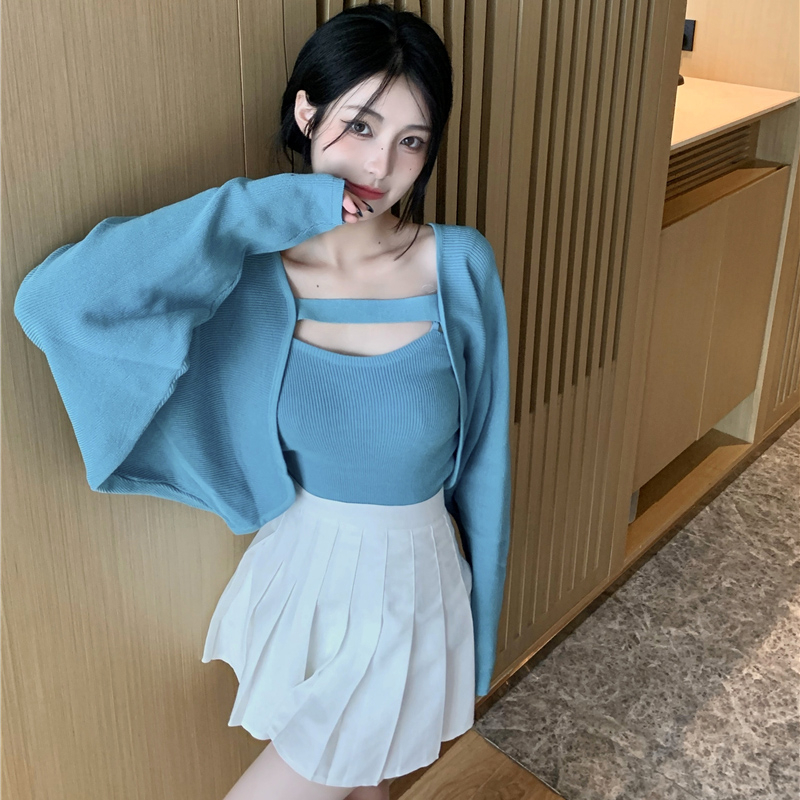 小吊帶上衣罩衫兩件套辣妹大碼女設計感開衫背心套裝秋季新款疊穿