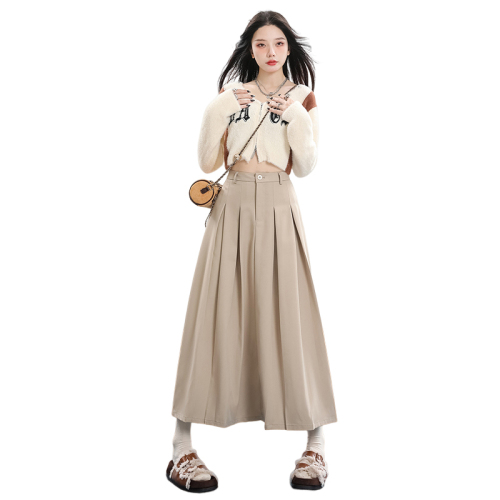 Real shot of khaki high-waisted mid-length pleated skirt for women 2023 autumn and winter new a-line skirt umbrella skirt