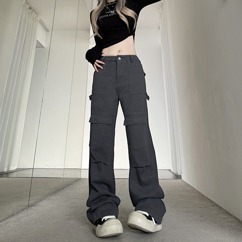 實拍#復古煙灰微喇休閒褲子女2023新款美式高腰直筒顯瘦闊腿褲