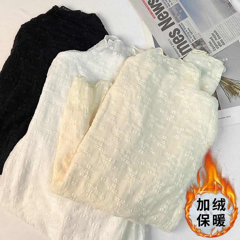 實拍半高領木耳邊打底衫女秋冬加絨長袖蕾絲網紗修身氣質上衣