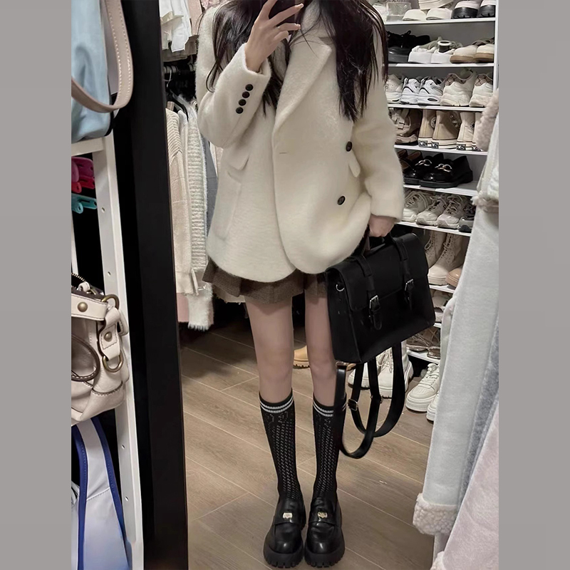 韓系小個子白色短款毛呢子外套西裝大衣女秋冬季2023新款加厚