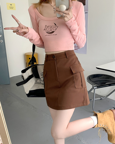 Real shot of American workwear pocket skirt for women, sweet and spicy high-waisted slimming butt-covering A-line skirt ~ free belt