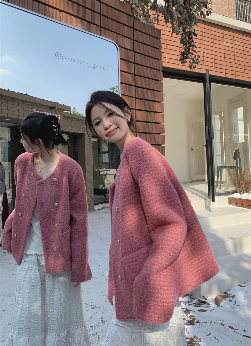 實拍 小香風大衣女高級感呢子粉色短款毛呢外套