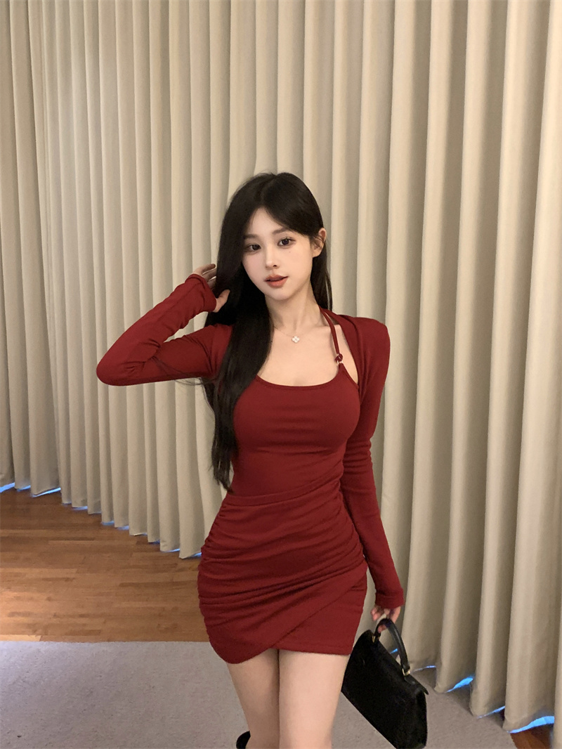 實拍 辣妹假兩件掛脖修身連衣裙