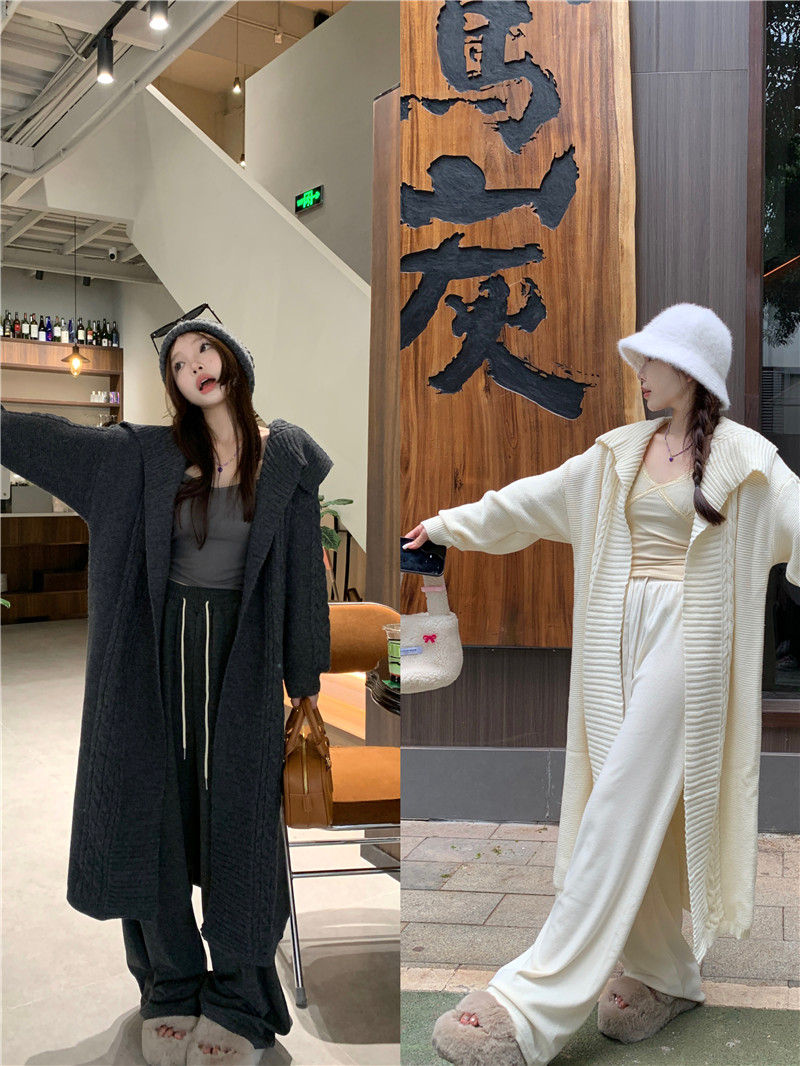 實拍韓系中長款翻領慵懶寬鬆早秋氣質毛衣外套