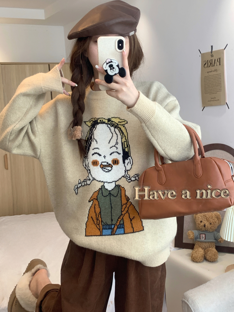 實拍 卡通毛衣套頭女設計感小眾長袖上衣寬鬆慵懶風軟糯針織