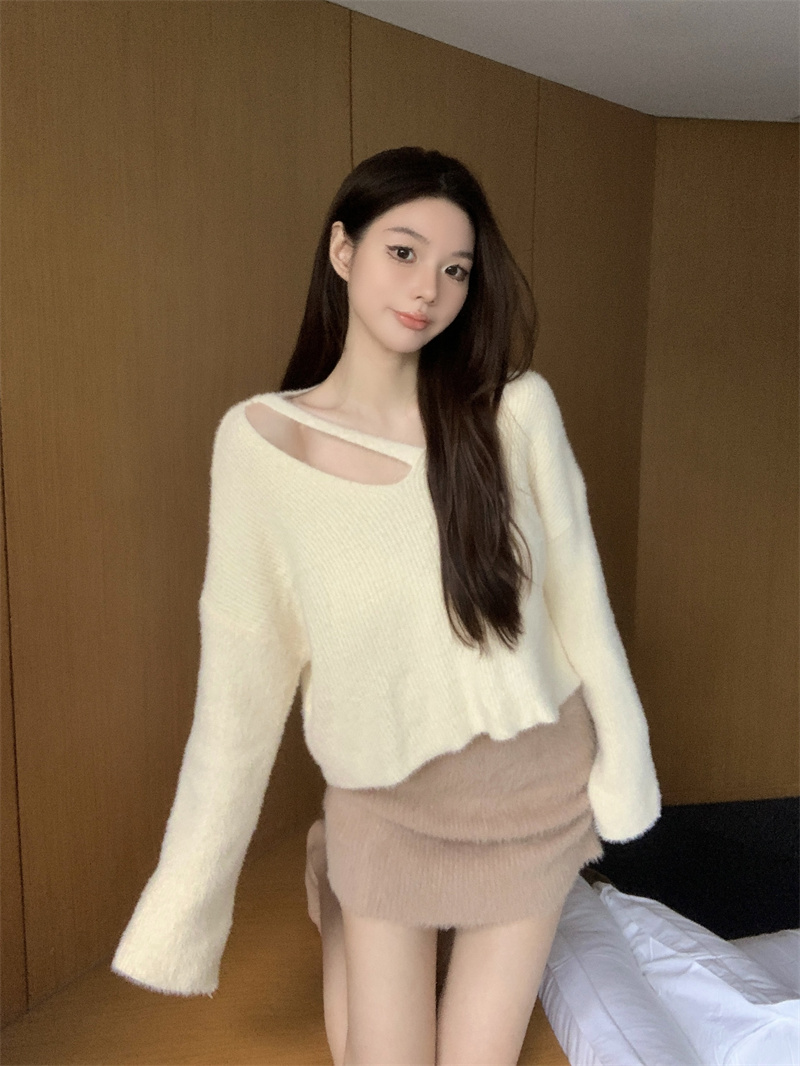 實拍  仿水貂毛毛衣秋冬高級感設計感短款別致長袖針織上衣