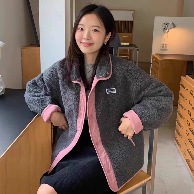 韓國chic  兩面穿貼標加厚短外套棉服女 羊羔毛外套