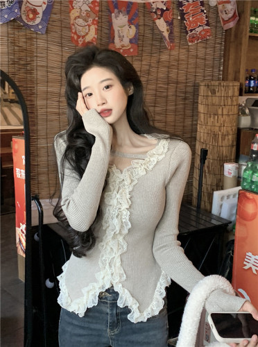 Actual shot~Fine shimmering lace top with ceiling in autumn and winter, square neck long-sleeved knitted bottoming shirt for women