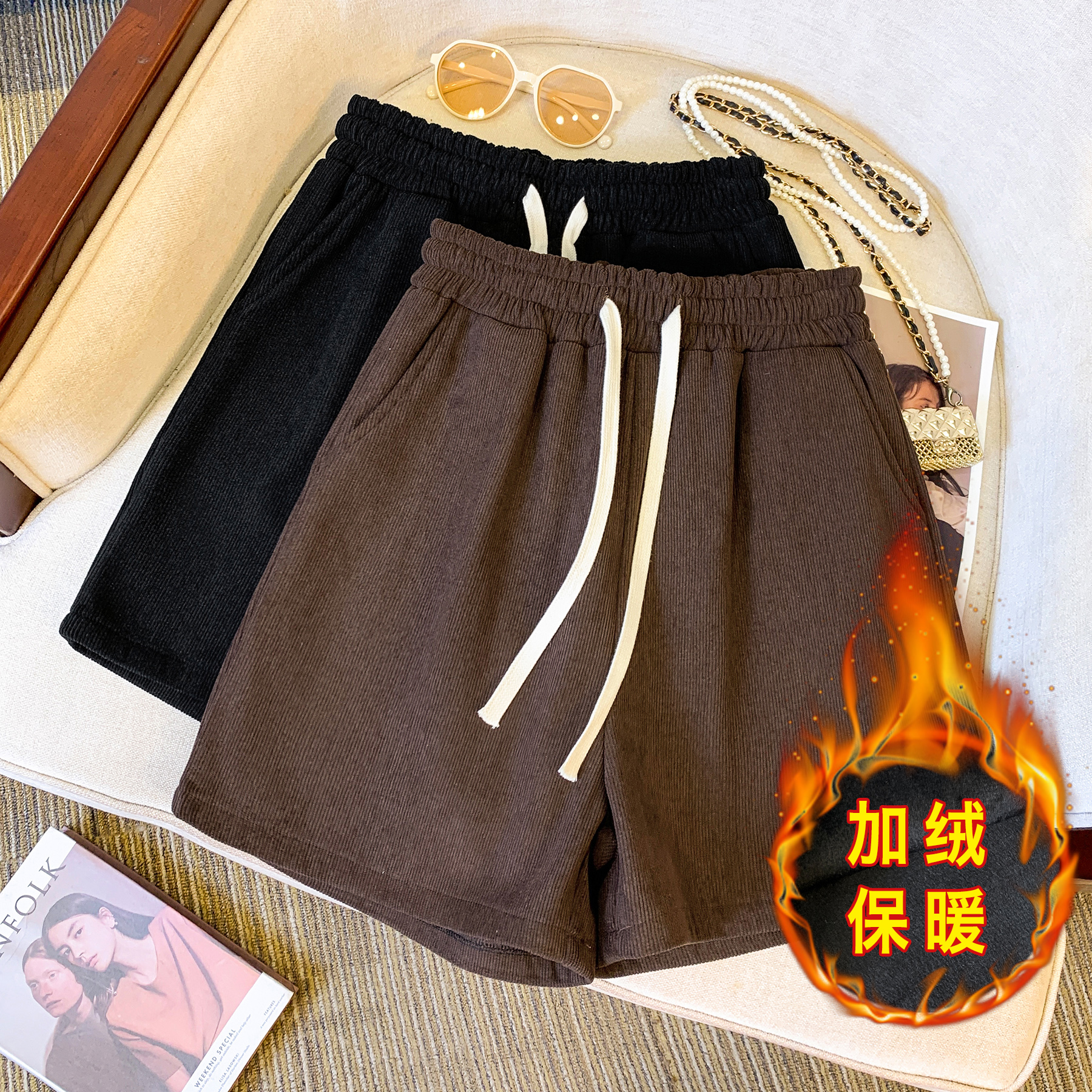 7659實拍大碼加厚加絨燈芯絨a字外穿短褲胖mm高腰顯瘦休閒靴褲