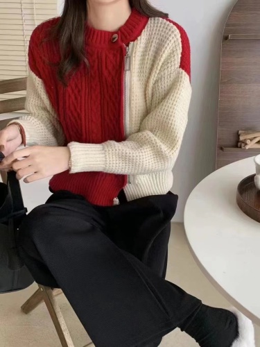 韩版慵懒风高级感复古拉链针织毛衣女外套秋冬设计感拼接减龄上衣