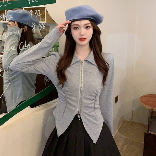 Real shot of autumn and winter long-sleeved T-shirt for women with western style, fashionable personality and age-reducing zipper polo collar versatile top