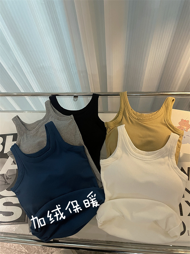 實拍外穿帶胸墊吊帶女秋冬磨毛加絨加厚保暖內搭背心白色打底