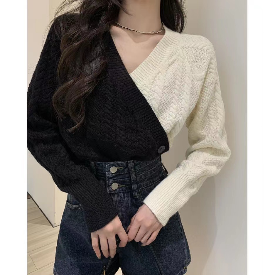 Korean style sweater women's design niche contrasting color splicing v-neck cross sweater autumn and winter loose long-sleeved top