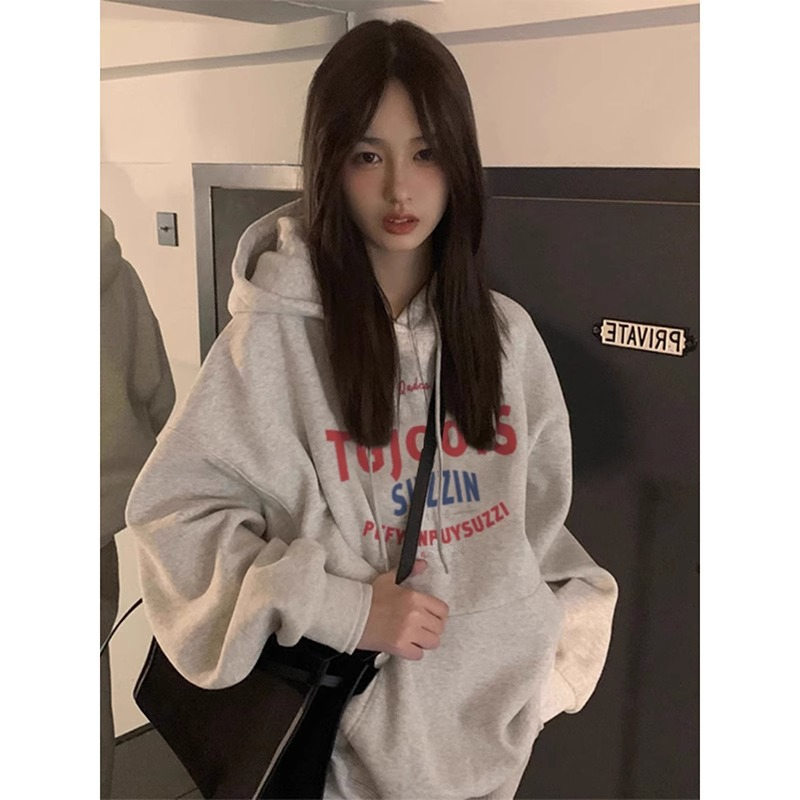 CVC cotton pasta wool Chinese cotton composite/milk silk 320g silver fox velvet 400g front printed hooded sweatshirt for women