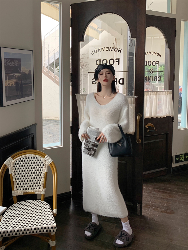 Actual shot ~ High-end lazy mid-length knitted bottoming dress mink velvet tolerant knee-length sweater dress
