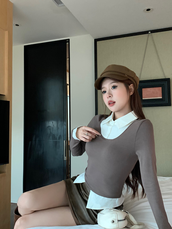實拍~ 小眾設計復古氣質別致高腰修身假兩件襯衫領女長袖上衣