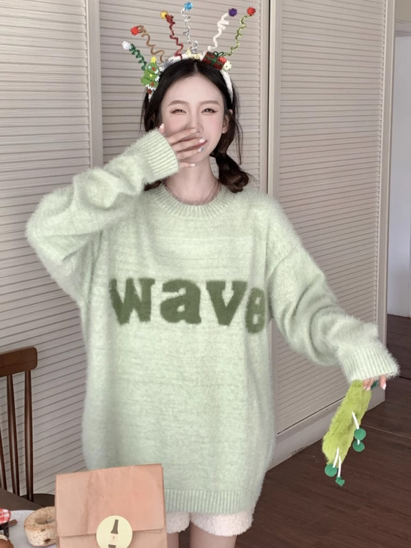 POPW**E 美式復古秋冬套頭圓領仿水貂毛衣休閒百搭基礎款情侶VERB