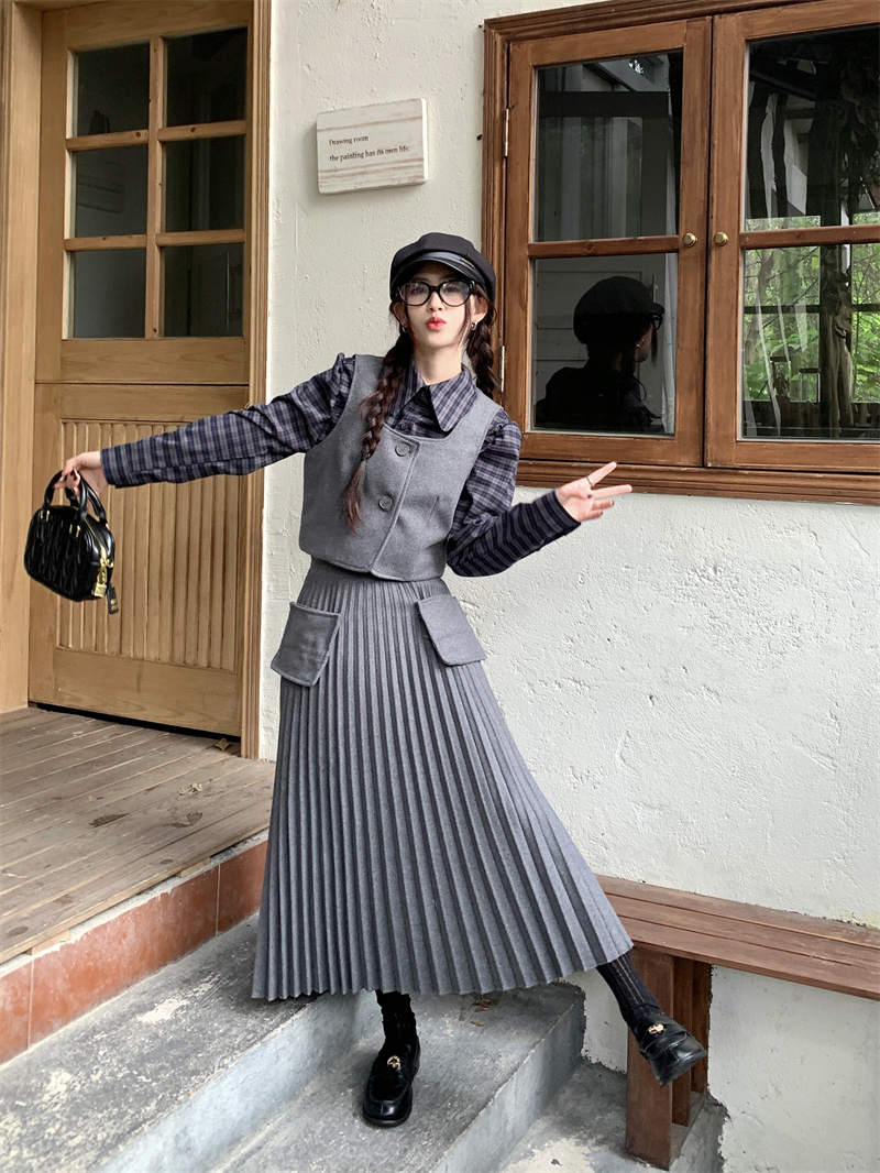 實拍 美院生 氣質羊毛呢馬甲背心女款百褶灰色長款半身裙