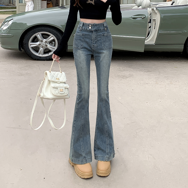 實拍~復古微喇叭牛仔褲女春季新款高腰顯瘦直筒褲辣妹長褲子