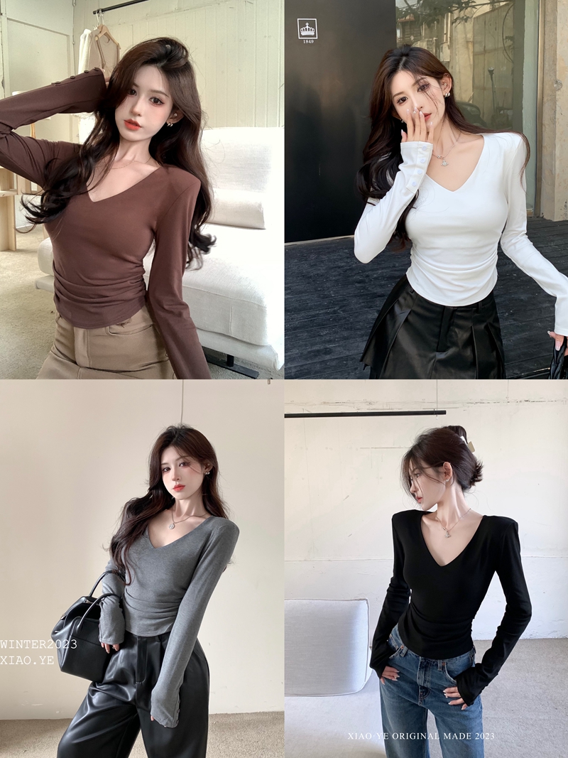 Real shot of winter hot girl style V-neck slim long-sleeved T-shirt with pleated plus velvet and thick shoulder pads to wear with a base layer shirt