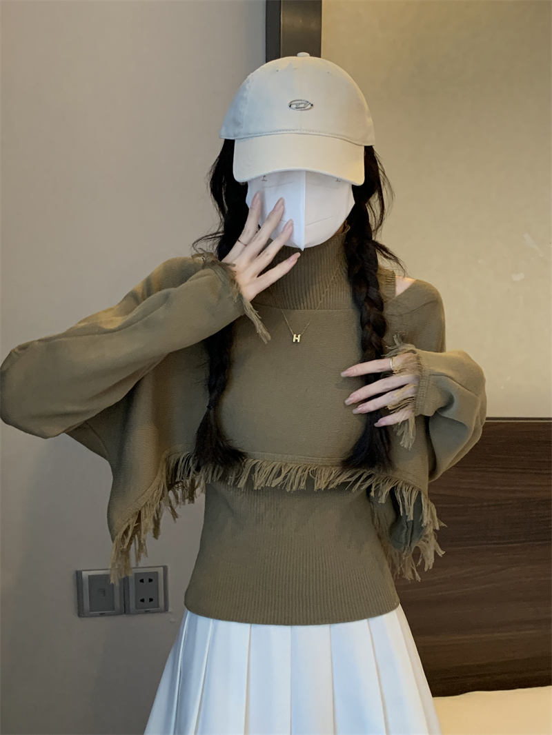 實拍 新款兩穿流蘇邊長袖罩衫內搭無袖背心疊穿兩件套上衣女