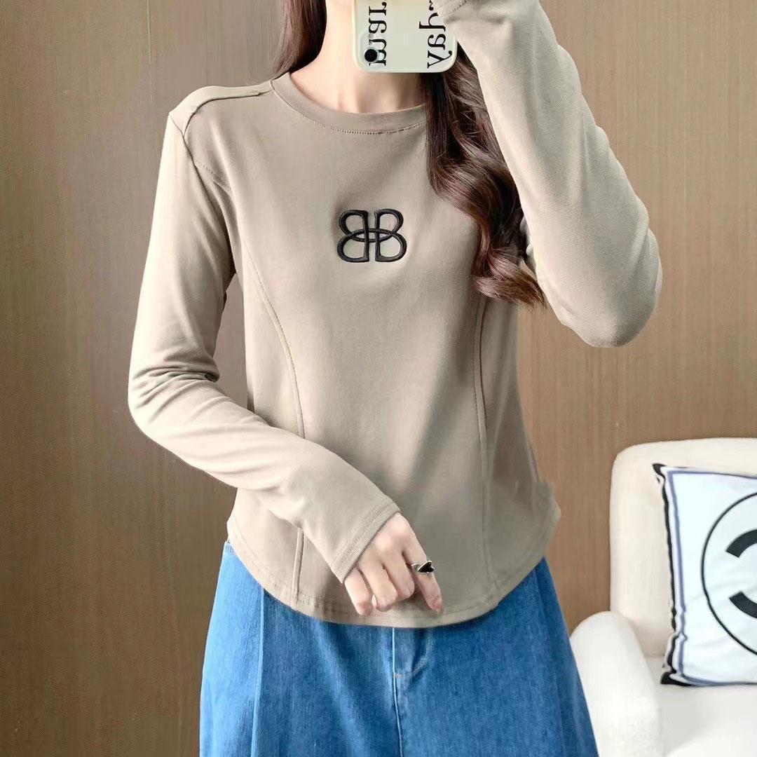 圓領雙B磨毛短款T恤女2023秋冬新款小眾字母刺繡修身打底衫上衣