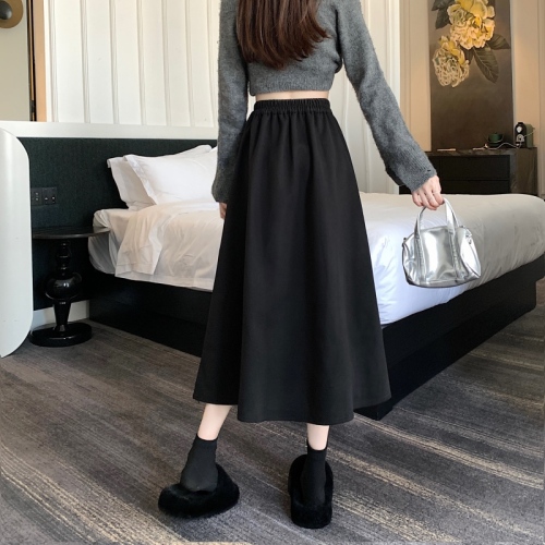 Actual shot of black woolen skirt for women 2023 new autumn and winter fat mm medium-length high-waist slim umbrella skirt A-line skirt