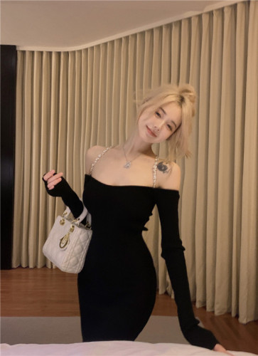 Real shot ~ Pure Desire Hot Girl Customized Halter Neck Diamond Chain One-Shoulder Knitted Bag Butt-Showing Long Dress