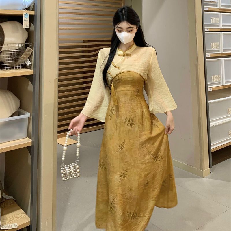 原版做法+拉鏈國風盤扣旗袍連衣裙女秋季收腰顯瘦長裙子兩件套