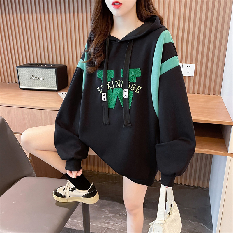 Real shot of pure cotton plus velvet autumn and winter color-blocked sweatshirt for women cartoon embroidered jacket trendy loose hooded top