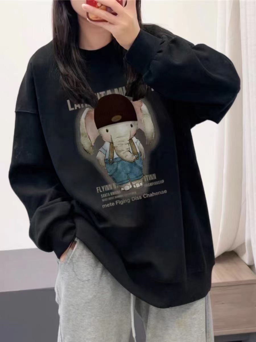 美式復古卡通印花中長款衛衣女2023秋冬新款寬鬆加絨圓領上衣