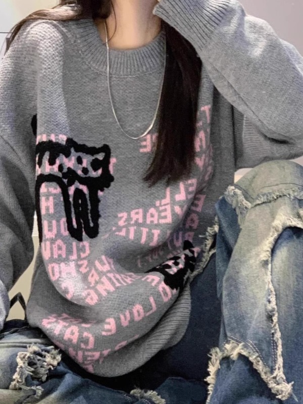 復古慵懶風趣味貓咪植絨毛衣女秋冬季新款潮牌圓領針織打底衫上衣