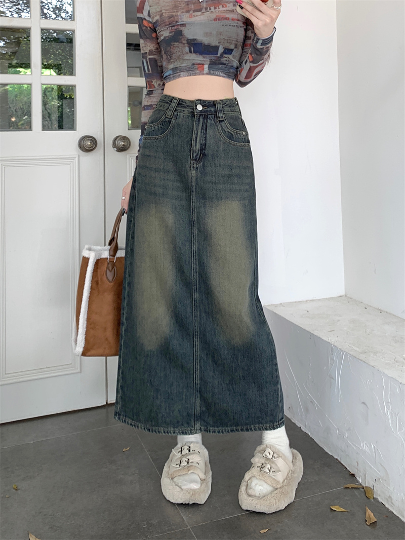 Real shot of slit denim skirt for women 2023 new spring and autumn small A-line skirt retro hip-covering long skirt