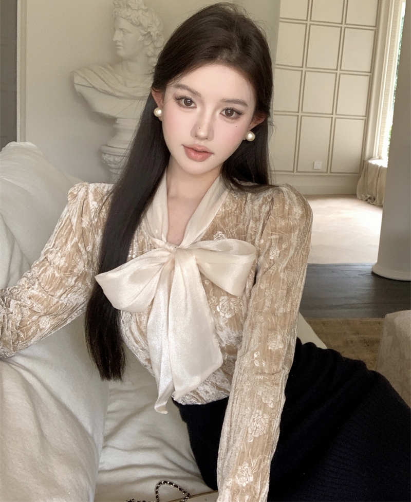 實拍 秋冬法式設計感小眾拼接蝴蝶結金絲絨長袖襯衫上衣女