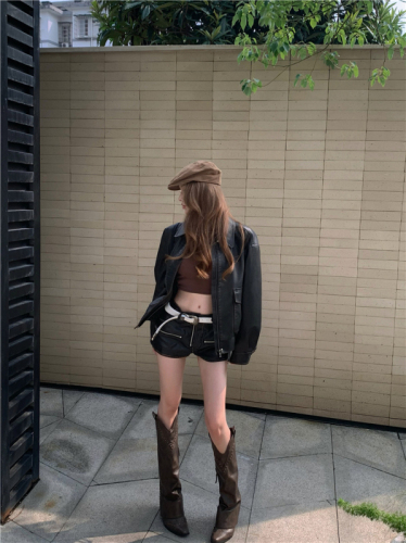 Real shot!  High-end lapel PU leather jacket for women, American retro motorcycle jacket, trendy top